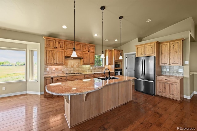 1743 Homestead Dr, Fort Lupton, CO 80621 - kitchen with appliances with stainless steel finishes, a sink, dark wood-style floors, light stone countertops, and backsplash