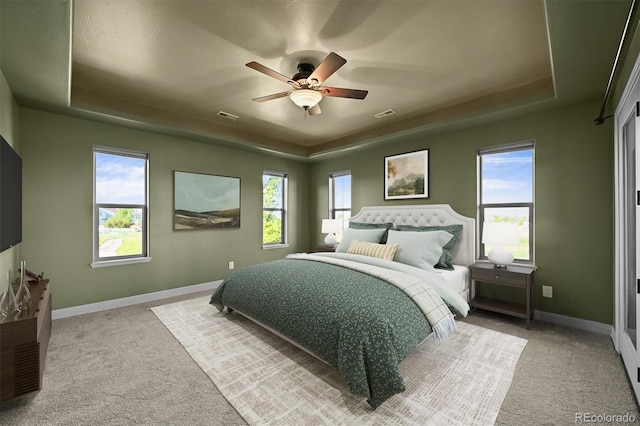 1743 Homestead Dr, Fort Lupton, CO 80621 - bedroom featuring a tray ceiling, carpet flooring, baseboards, and ceiling fan