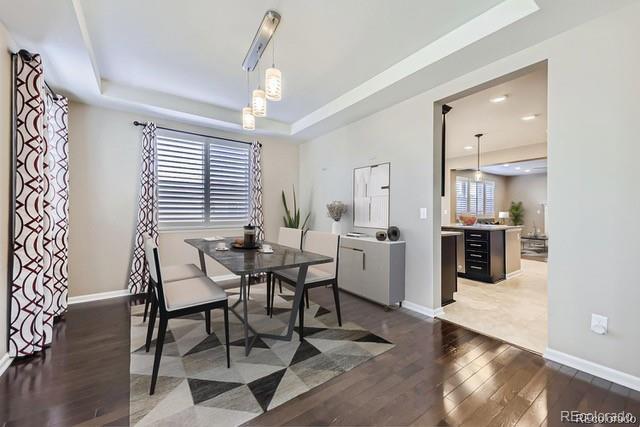 dining area with a tray ceiling and dark hardwood / wood-style floors