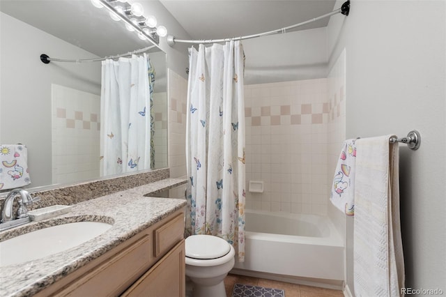 2211 S Moline Ct, Aurora, CO 80014 - full bath featuring vanity, tile patterned flooring, and shower / bath combo with shower curtain