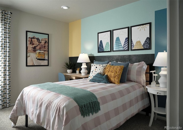 carpeted bedroom featuring recessed lighting