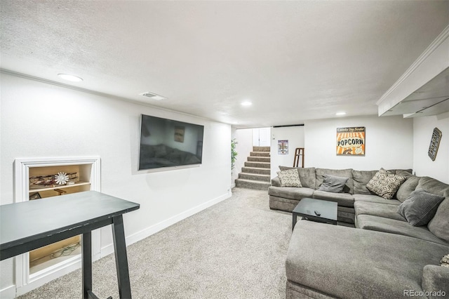 3241 Sheridan Blvd, Wheat Ridge, CO 80212 - living room featuring carpet flooring, recessed lighting, baseboards, stairway, and a textured ceiling