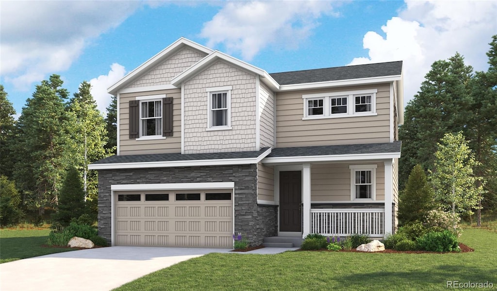 craftsman-style home with covered porch, a garage, and a front lawn