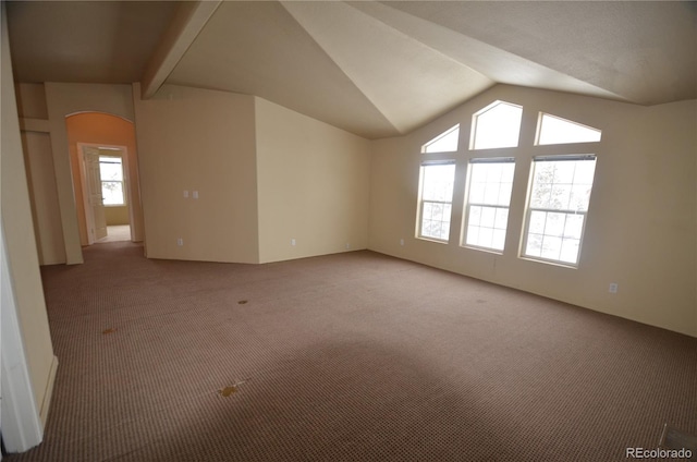 bonus room featuring vaulted ceiling, carpet floors, and arched walkways