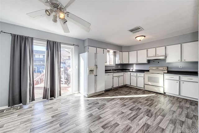 kitchen with white cabinetry, sink, light hardwood / wood-style floors, and white appliances