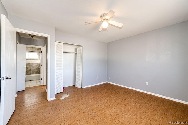 unfurnished bedroom featuring a closet, ceiling fan, and hardwood / wood-style flooring