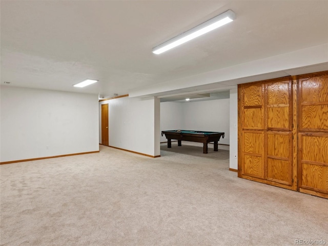 basement with light carpet and billiards