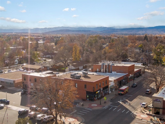 drone / aerial view featuring a mountain view