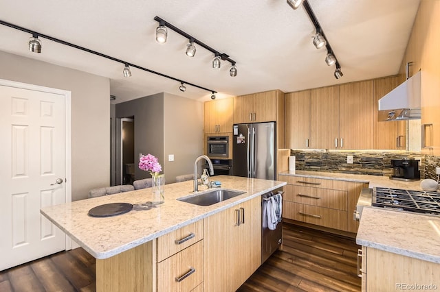 9545 Grand Cypress Cv, Lone Tree, CO 80124 - kitchen featuring under cabinet range hood, stainless steel appliances, light brown cabinets, and a sink