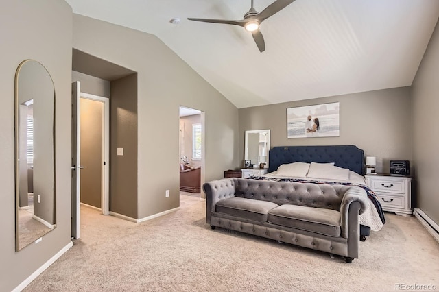 9545 Grand Cypress Cv, Lone Tree, CO 80124 - carpeted bedroom with vaulted ceiling, baseboards, a baseboard heating unit, and a ceiling fan
