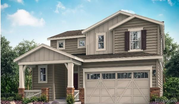 craftsman inspired home with board and batten siding, a porch, concrete driveway, an attached garage, and a shingled roof