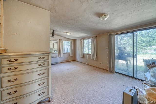 6130 County Road 328, Westcliffe, CO 81252 - unfurnished living room with radiator heating unit, lofted ceiling, a textured ceiling, and light carpet