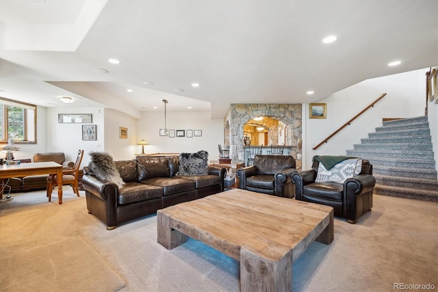 6194 Falcon Ridge Way, Morrison, CO 80465 - living room featuring light carpet, recessed lighting, and stairway