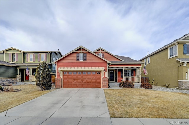 craftsman inspired home with brick siding, a front lawn, a porch, driveway, and an attached garage