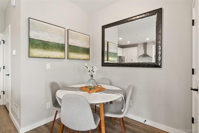 dining room with visible vents, recessed lighting, dark wood-type flooring, and baseboards