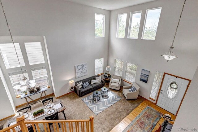 living room featuring baseboards, a high ceiling, and a notable chandelier