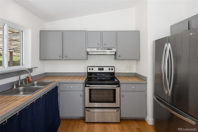 9123 Gray Ln, Conifer, CO 80433 - kitchen featuring appliances with stainless steel finishes, under cabinet range hood, gray cabinets, and vaulted ceiling