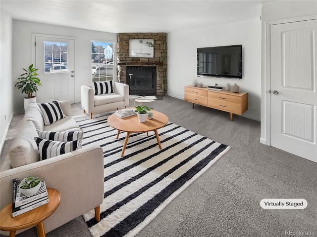 carpeted living area featuring a fireplace