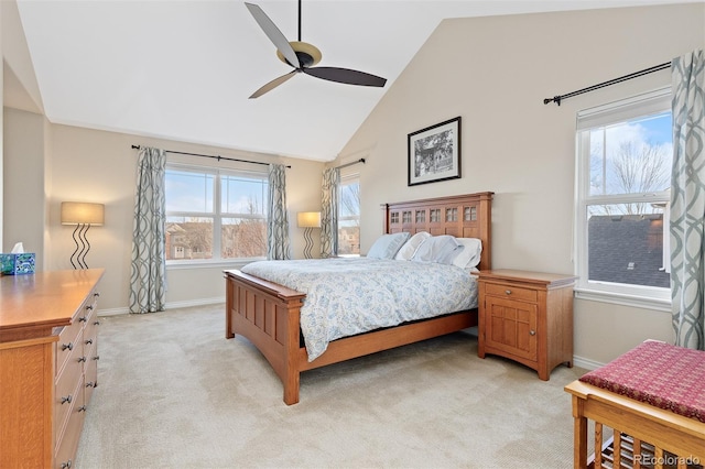 bedroom featuring high vaulted ceiling, ceiling fan, baseboards, and light colored carpet