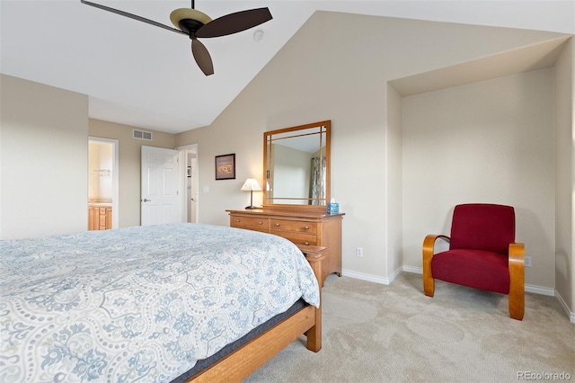 carpeted bedroom with visible vents, vaulted ceiling, baseboards, and ceiling fan