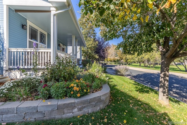 view of home's exterior with a porch and a lawn