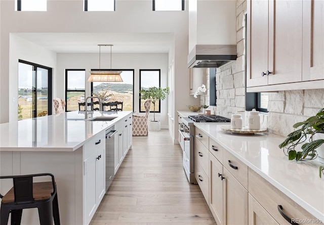 kitchen featuring wall chimney exhaust hood, high end stainless steel range oven, light hardwood / wood-style flooring, and a wealth of natural light