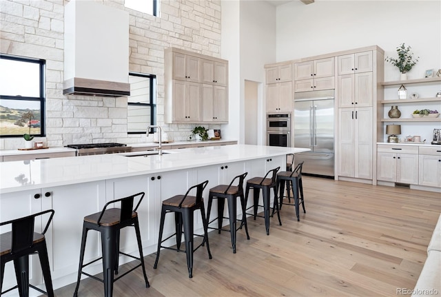 kitchen with premium range hood, a high ceiling, light hardwood / wood-style floors, a breakfast bar area, and stainless steel appliances