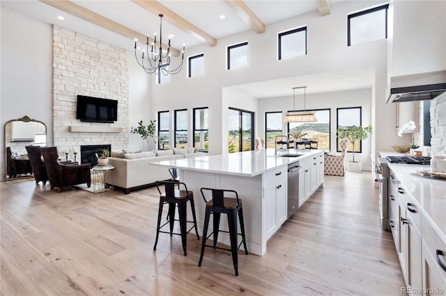 kitchen featuring white cabinetry, sink, an island with sink, light wood-type flooring, and a stone fireplace