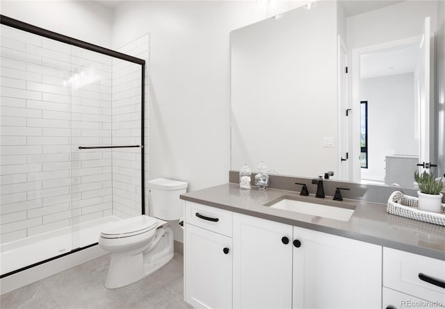 bathroom with tile patterned flooring, toilet, an enclosed shower, and vanity