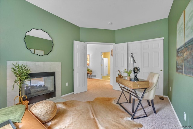 10356 Lions Heart, Lone Tree, CO 80124 - carpeted home office with baseboards and a tile fireplace
