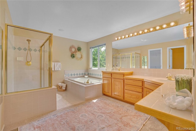 10356 Lions Heart, Lone Tree, CO 80124 - full bathroom with a stall shower, double vanity, a bath, and tile patterned flooring