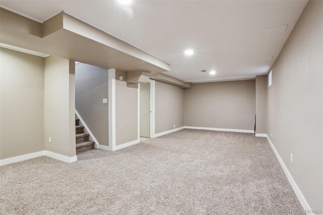 10505 Clarkson St, Northglenn, CO 80233 - finished basement featuring carpet floors, recessed lighting, stairway, and baseboards