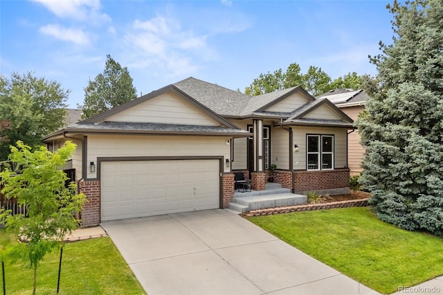 10553 Stonemeadow Dr, Parker, CO 80134 - view of front of property featuring brick siding, a garage, driveway, a front lawn, and a shingled roof