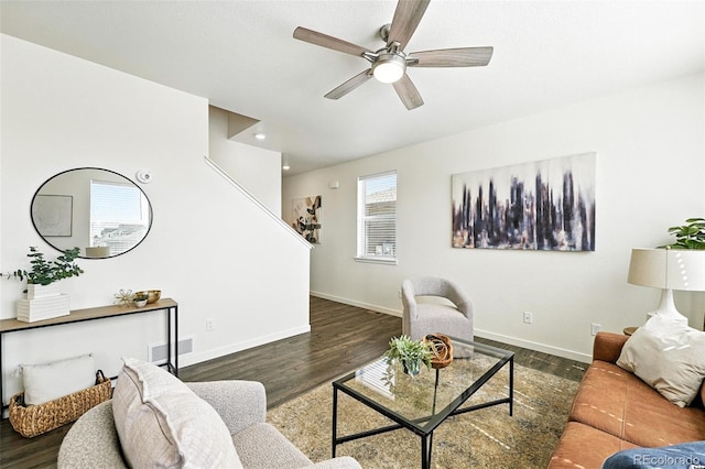 226 Racer St, Bennett, CO 80102 - living area featuring wood finished floors, a ceiling fan, and stairway