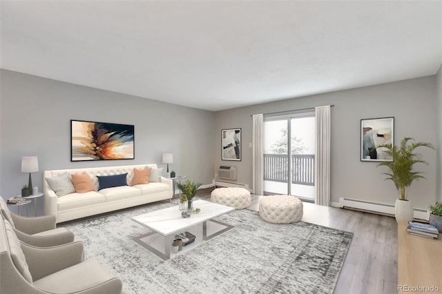 living room with light wood-type flooring and baseboard heating