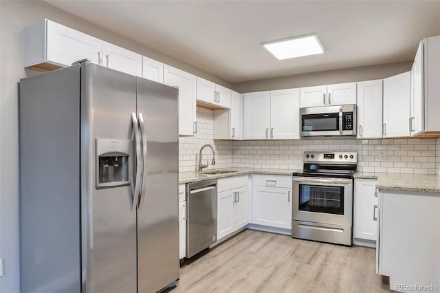 kitchen featuring appliances with stainless steel finishes, white cabinetry, tasteful backsplash, light hardwood / wood-style flooring, and sink