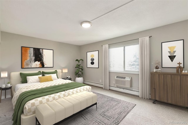 carpeted bedroom featuring baseboard heating and a wall mounted air conditioner