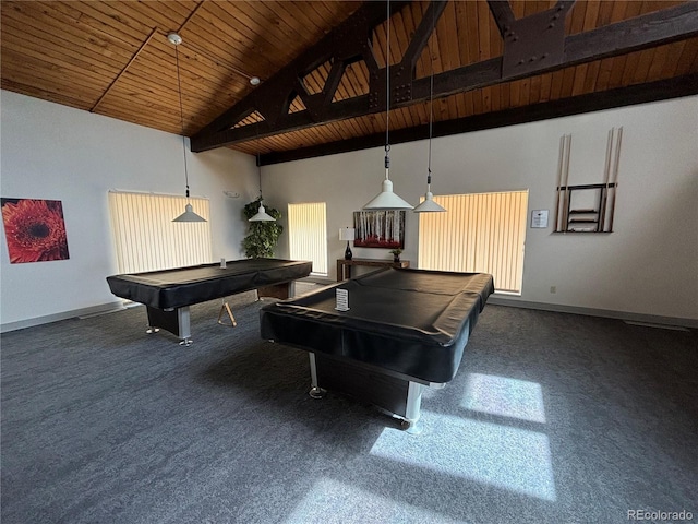 playroom with beam ceiling, high vaulted ceiling, dark colored carpet, pool table, and wooden ceiling