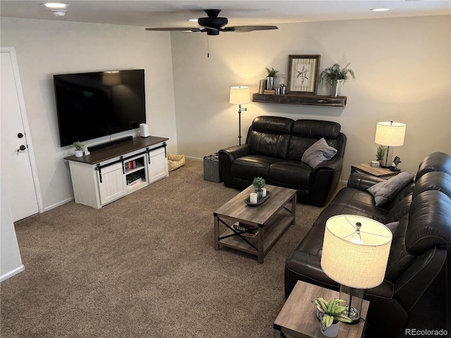 3771 S Kirk Way, Aurora, CO 80013 - carpeted living room featuring ceiling fan and baseboards