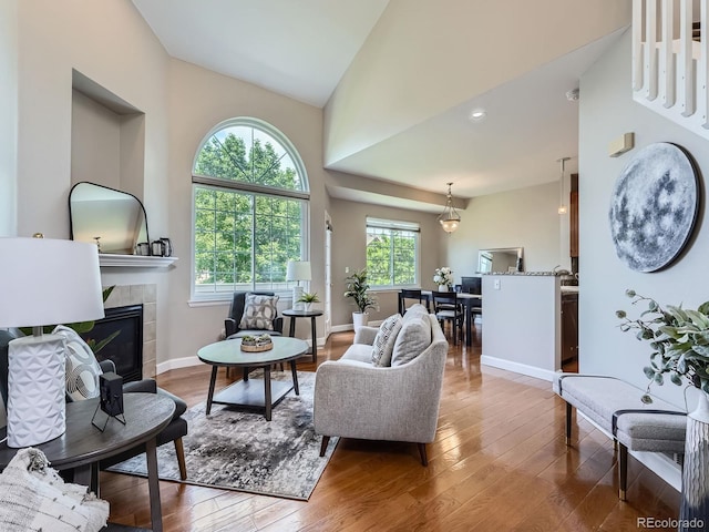 6827 S Webster St Unit E, Littleton, CO 80128 - living room featuring wood-type flooring, a fireplace, and high vaulted ceiling