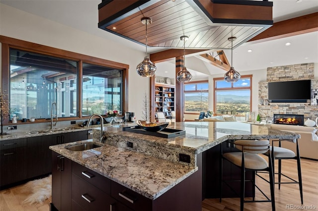 kitchen featuring a stone fireplace, light stone countertops, light hardwood / wood-style flooring, sink, and a spacious island