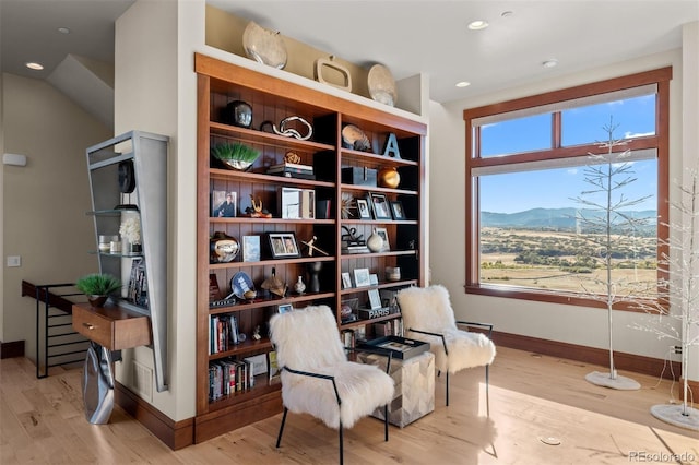 living area with light wood-type flooring, a mountain view, and plenty of natural light