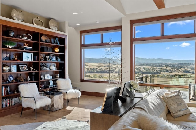 sitting room with a mountain view, light wood-type flooring, and a healthy amount of sunlight