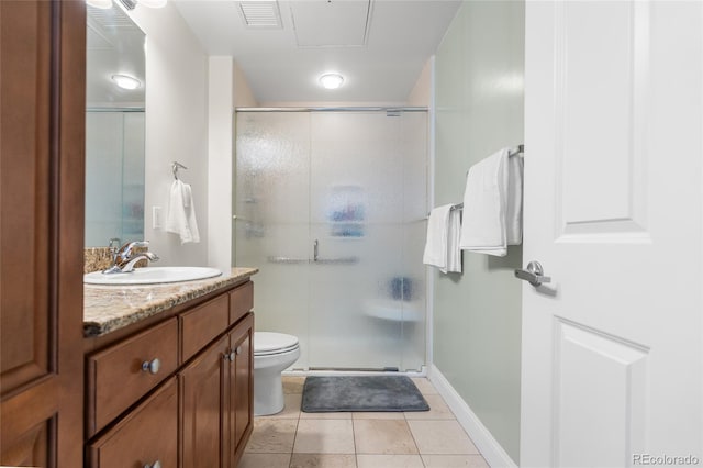 1950 N Logan St Unit 905, Denver, CO 80203 - full bath featuring vanity, a shower stall, toilet, and tile patterned floors