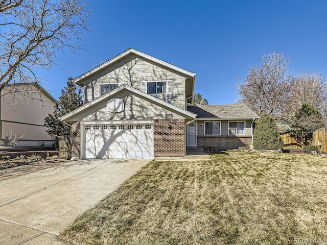 view of front of property with an attached garage, driveway, brick siding, and a front yard