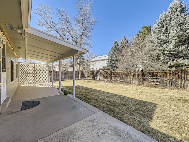 view of yard featuring a patio area and a fenced backyard