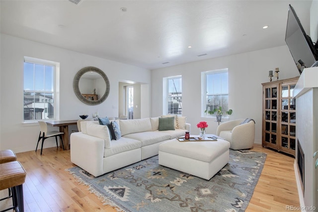 living area with light wood-type flooring, a wealth of natural light, and baseboards