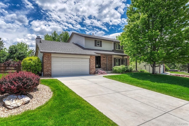 302 Northridge Rd, Highlands Ranch, CO 80126 - traditional-style house featuring brick siding, driveway, an attached garage, a chimney, and a shingled roof