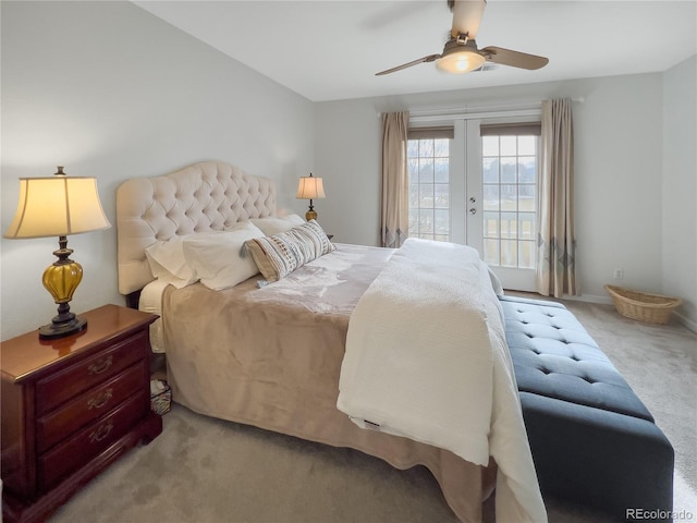 carpeted bedroom featuring access to exterior, ceiling fan, and french doors