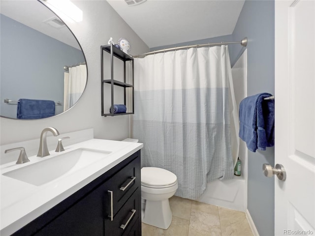 full bathroom featuring shower / tub combo with curtain, vanity, toilet, and tile patterned floors